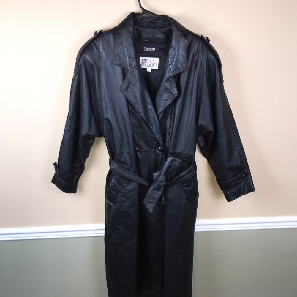 VTG Pelle Studio Women’s Leather Double-Breasted Black Belted Trench Coat